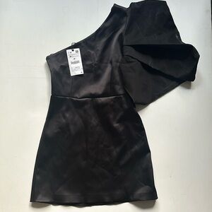 Zara black satin one shoulder mini dress with larger puffed sleeve women’s S-M